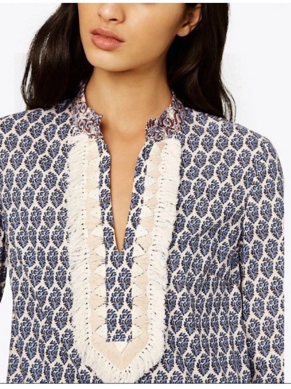 TORY BURCH Ellise Paisley Seashell Fringe Tunic Top